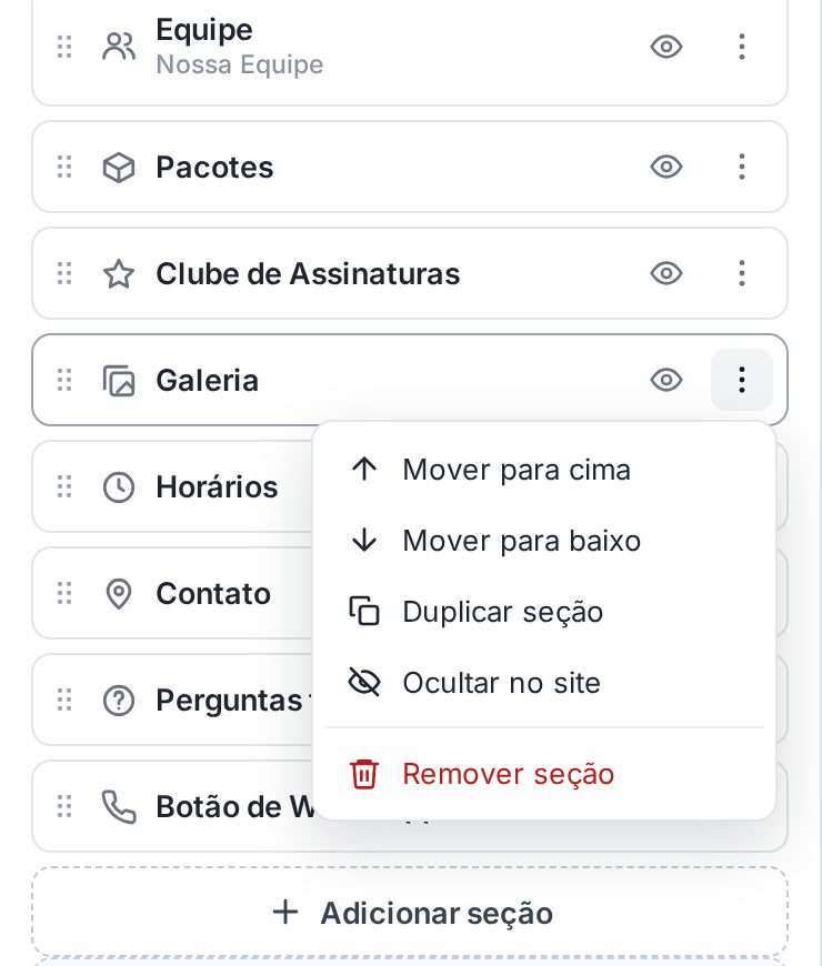 Menu de ações da seção Galeria: Mover para cima, Mover para baixo, Duplicar seção, Ocultar no site e Remover seção