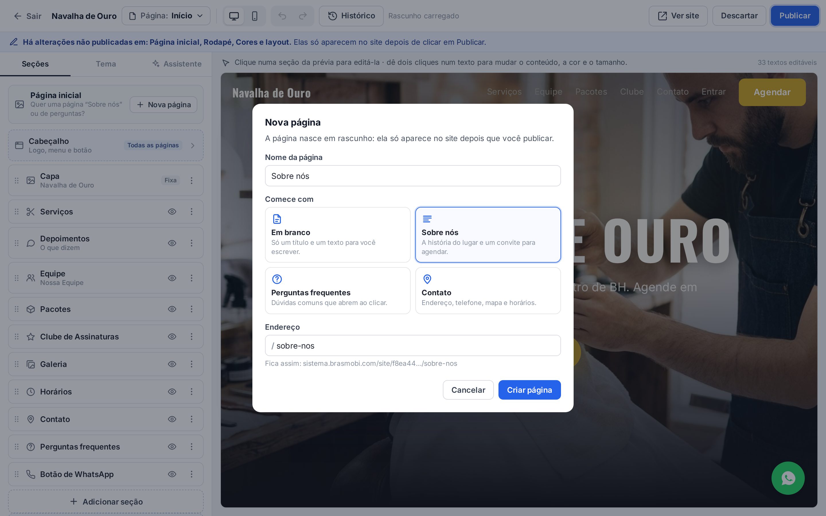 Janela Nova página com o nome Sobre nós, os modelos Em branco, Sobre nós, Perguntas frequentes e Contato e o endereço sobre-nos