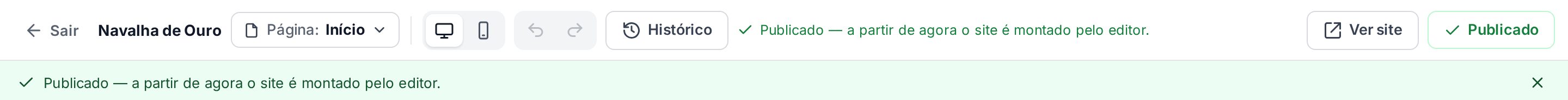 Barra do topo depois de publicar: Publicado — a partir de agora o site é montado pelo editor
