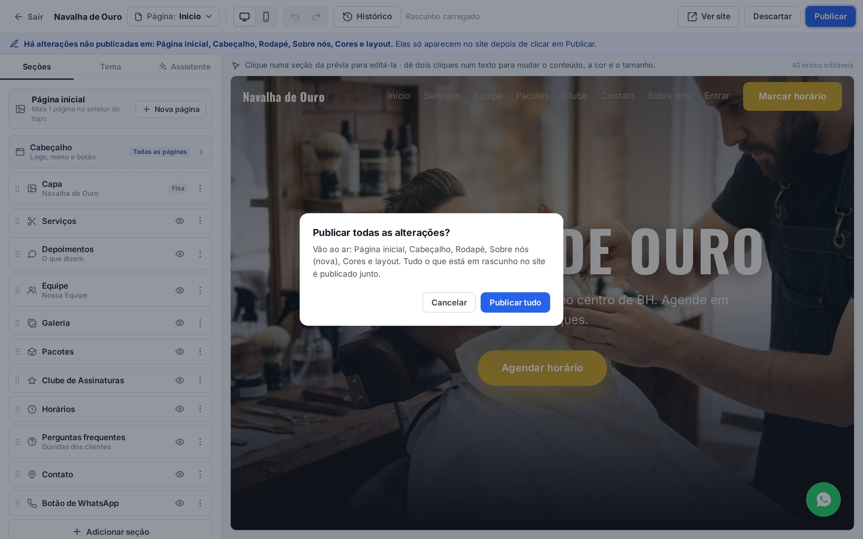Janela Publicar todas as alterações listando o que vai ao ar: Página inicial, Cabeçalho, Rodapé, Sobre nós nova, Cores e layout