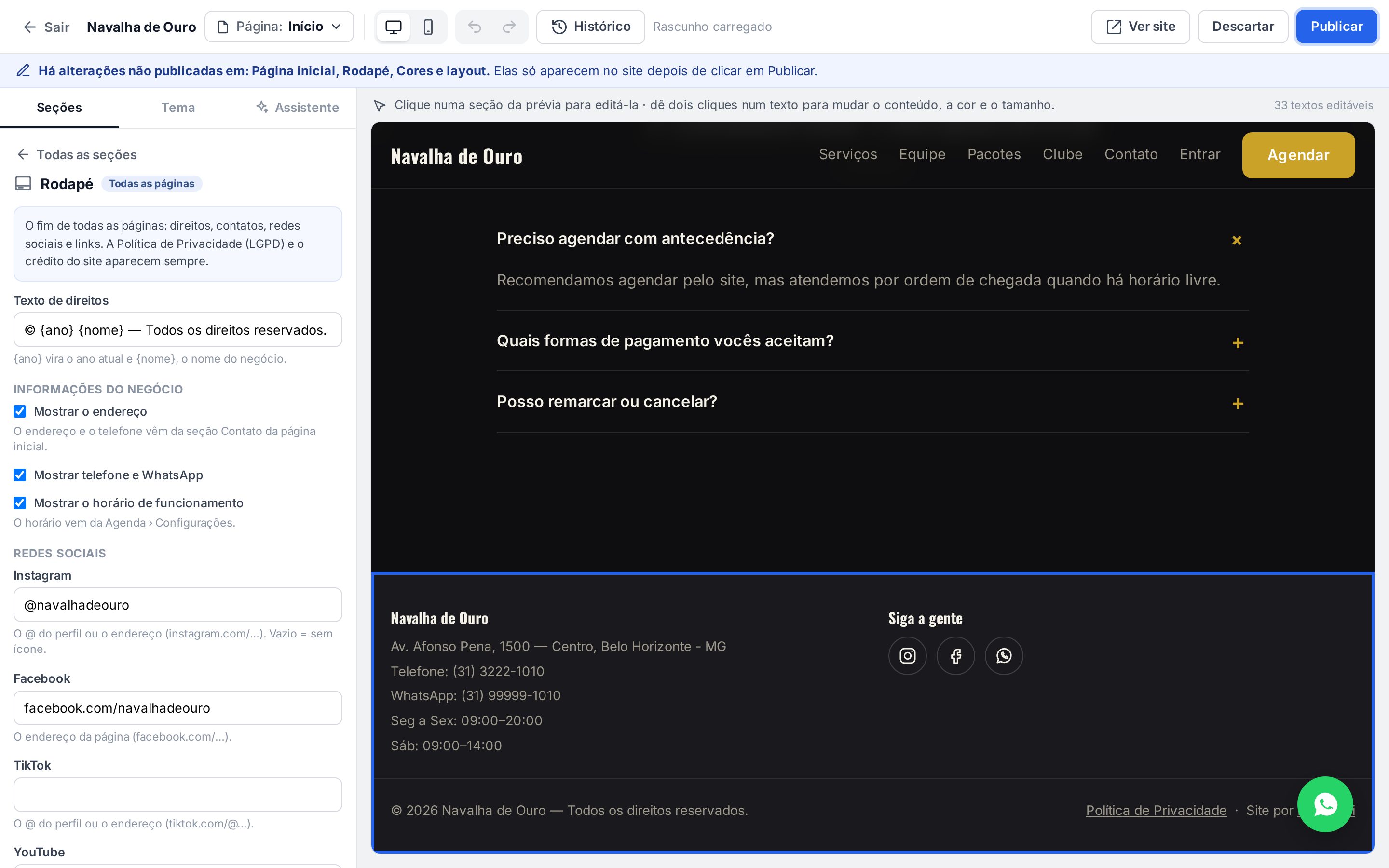 Painel do Rodapé com endereço, telefone e horário marcados e Instagram, Facebook e WhatsApp preenchidos; na prévia, o rodapé em colunas com os ícones das redes