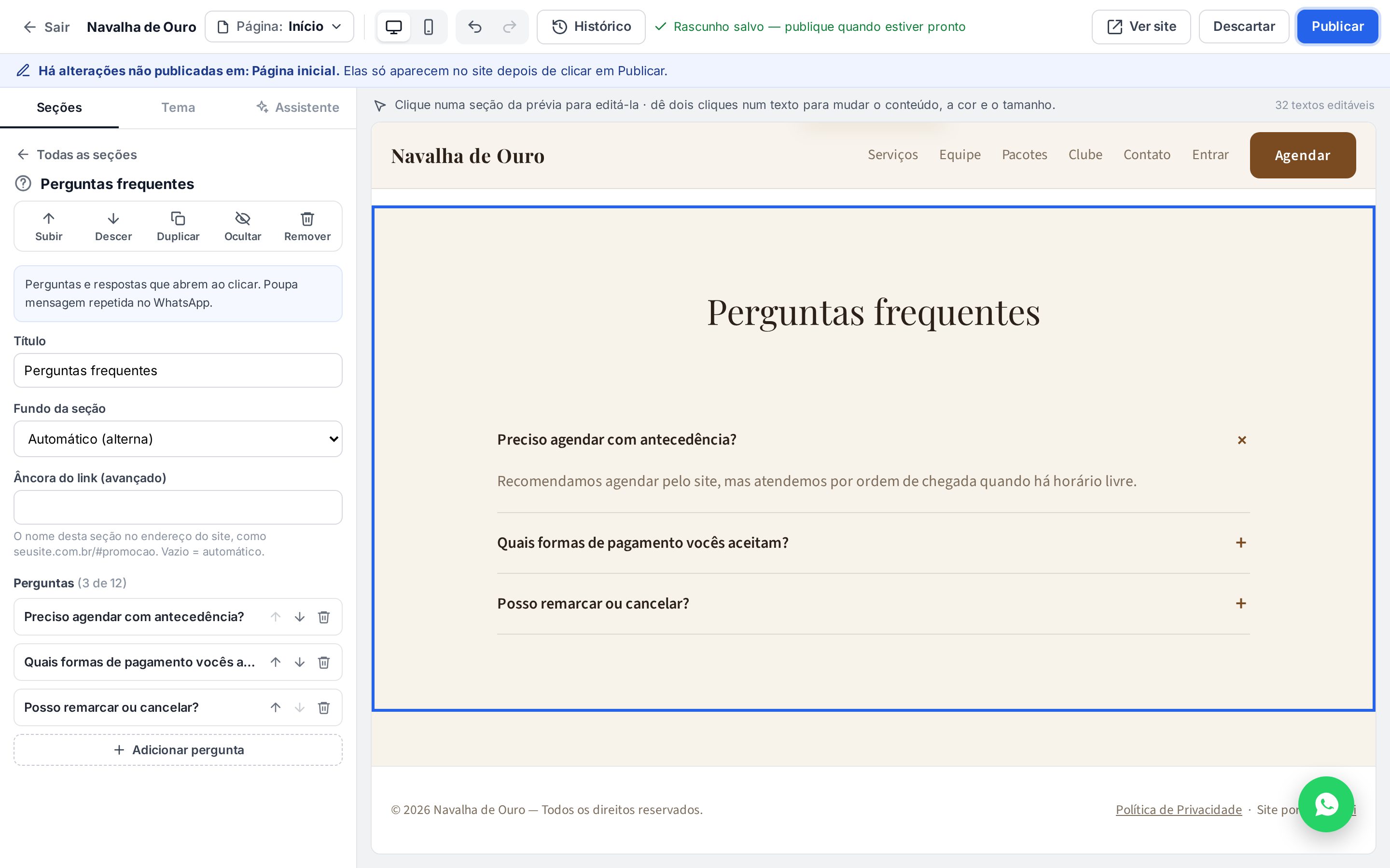 Seção Perguntas frequentes recém-adicionada, com três perguntas de exemplo no painel e na prévia