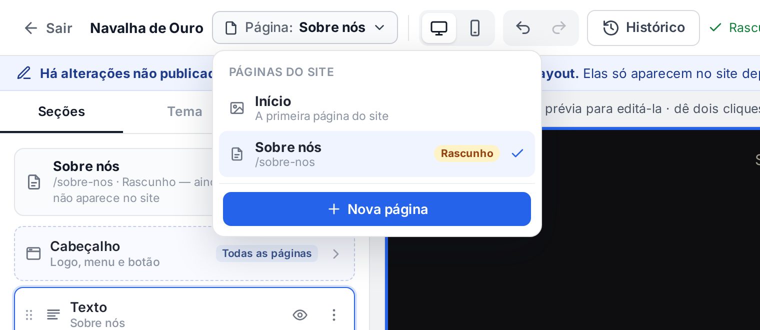 Seletor de páginas aberto com Início e Sobre nós, marcada como Rascunho, e o botão Nova página