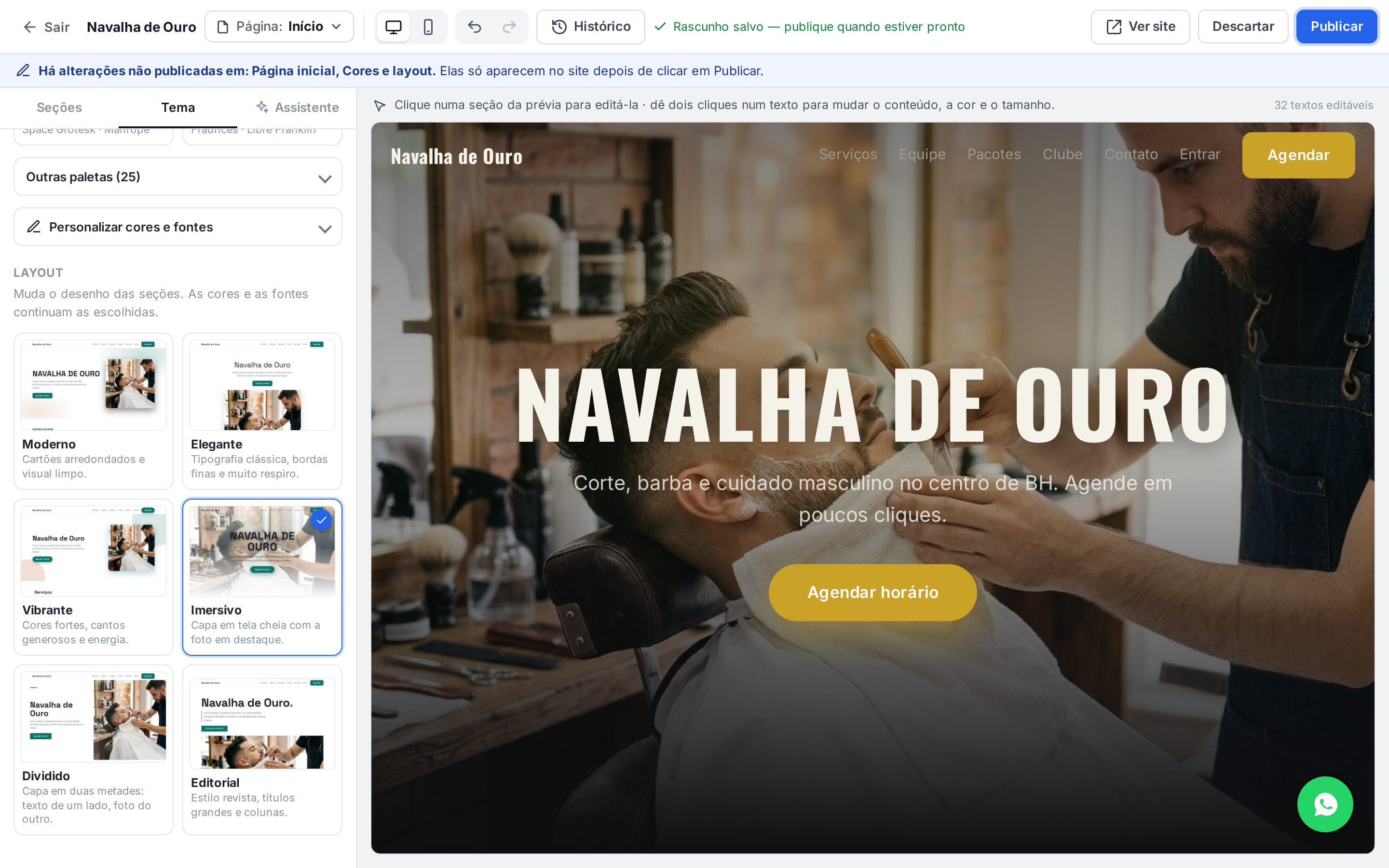 Os seis layouts com miniaturas e o layout Imersivo aplicado, com a foto de capa em tela cheia