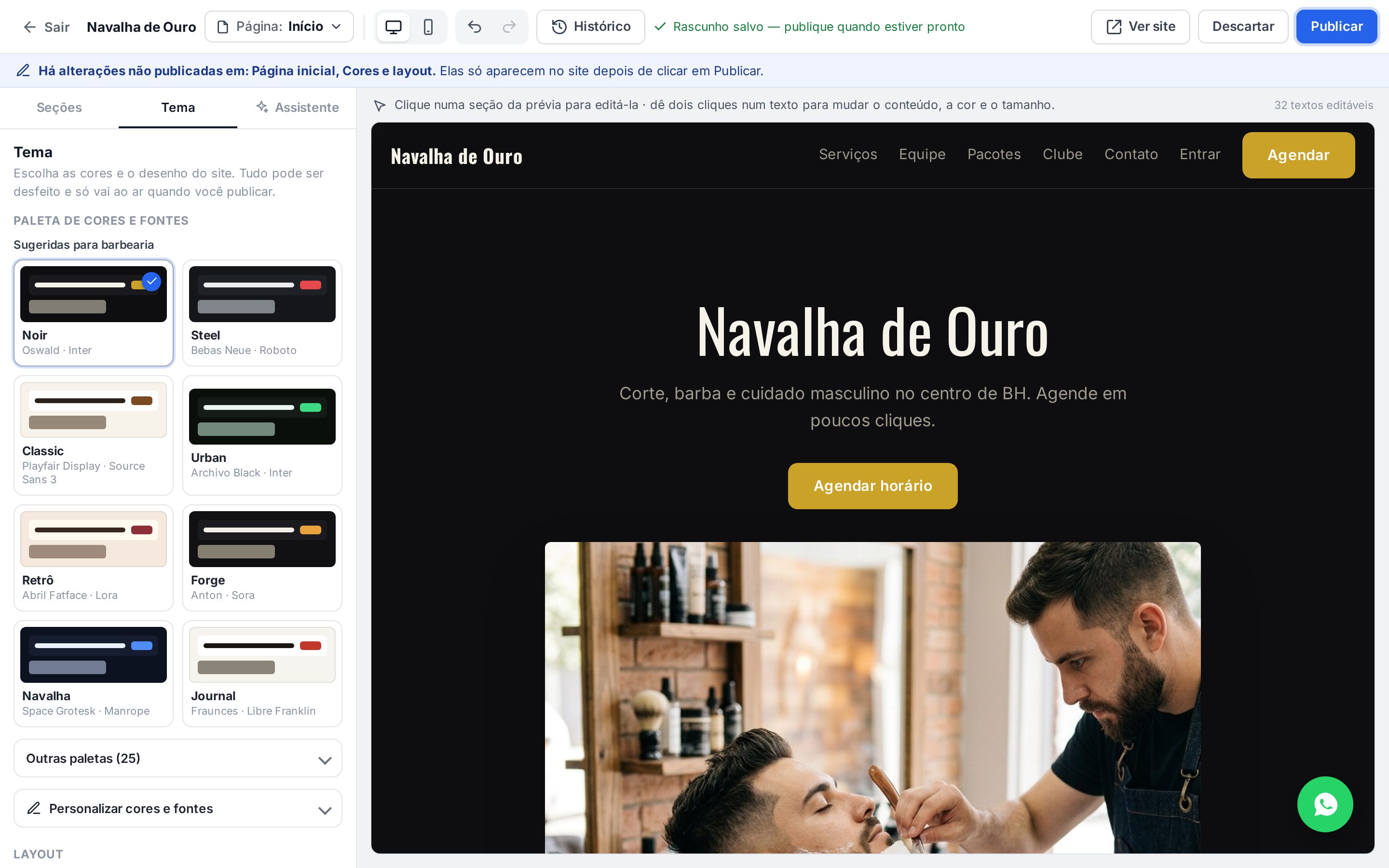 Aba Tema com as paletas sugeridas para barbearia e a paleta Noir aplicada na prévia