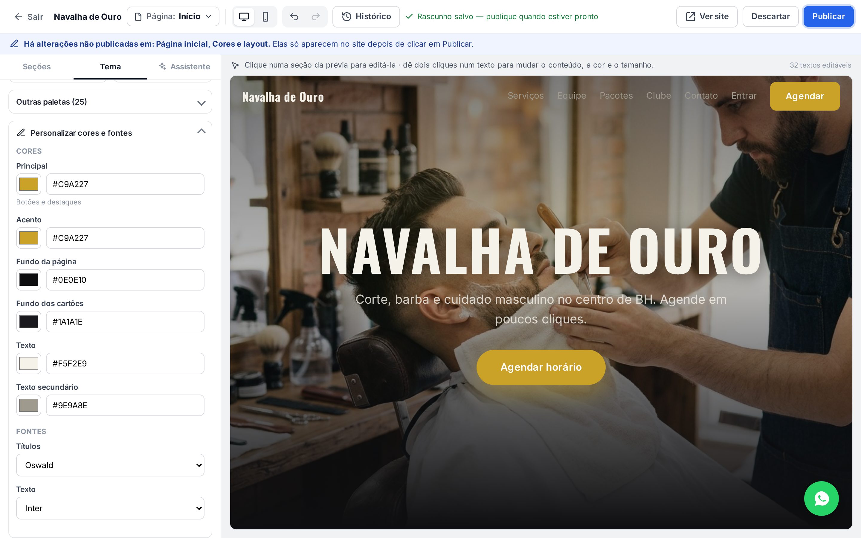 Personalizar cores e fontes aberto, com as cores principal, acento, fundo, cartões, texto e as fontes de títulos e texto
