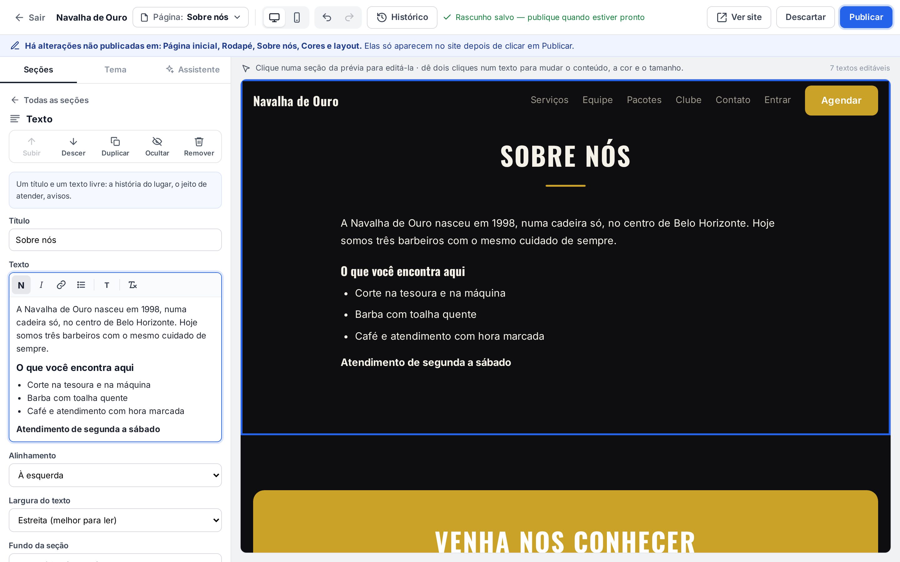 Seção Texto com barra de formatação e um texto com parágrafo, título pequeno, lista e negrito