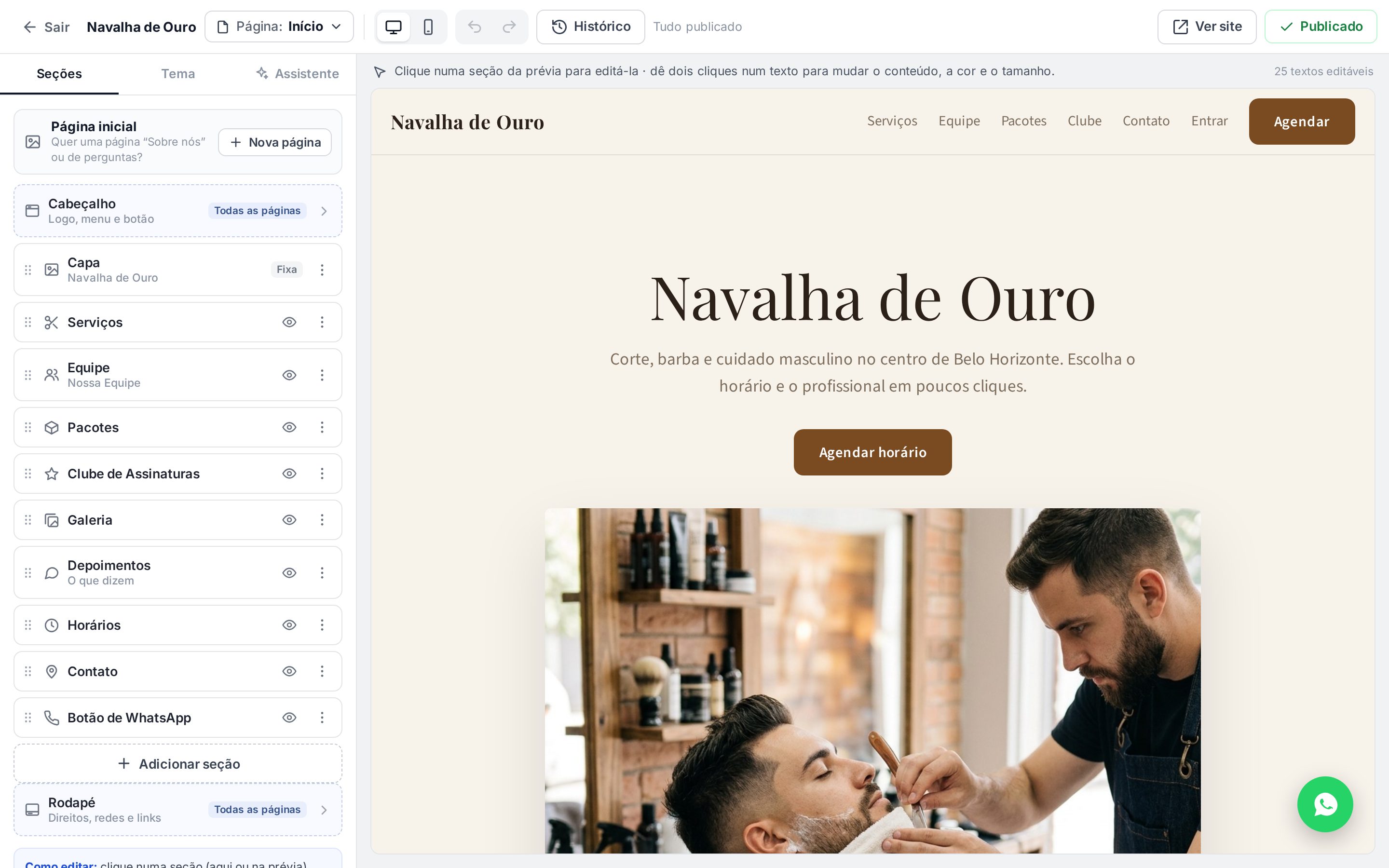Editor visual do site: lista de seções à esquerda e prévia do site à direita