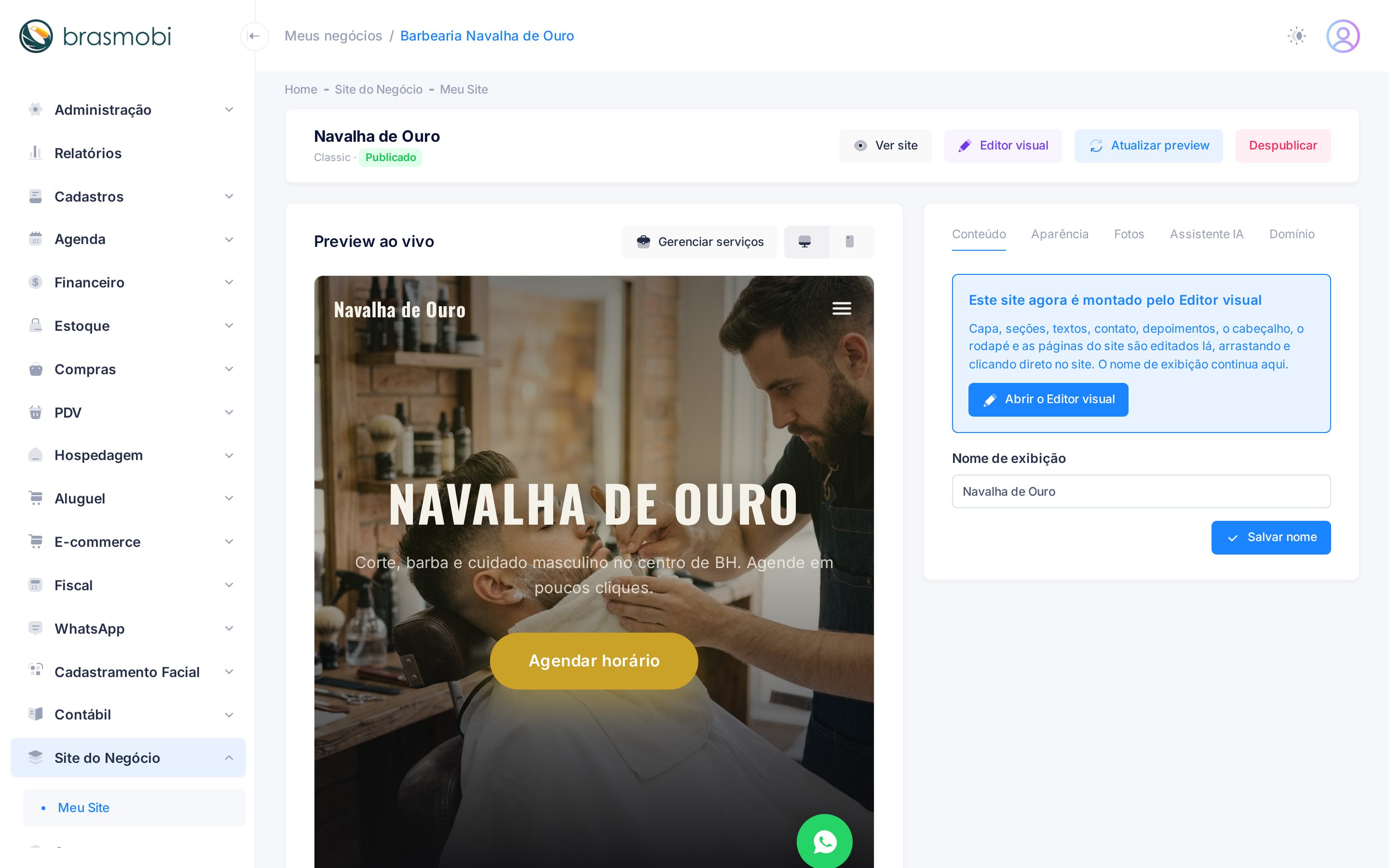 Painel do site depois da primeira publicação: aba Conteúdo com o aviso Este site agora é montado pelo Editor visual, o botão Abrir o Editor visual e o campo Nome de exibição