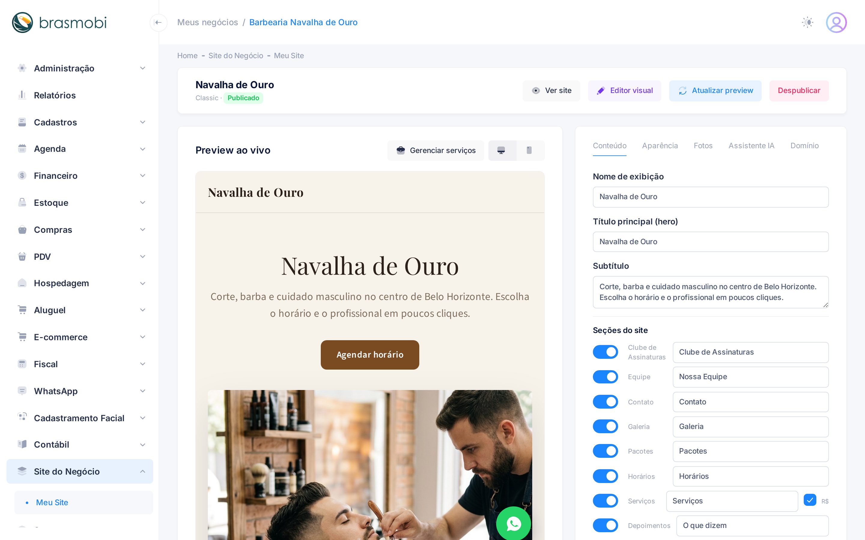 Painel do Site do Negócio com os botões Ver site, Editor visual, Atualizar preview e Despublicar