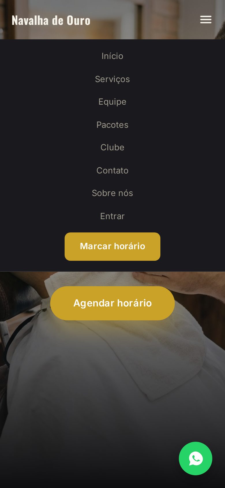 Menu do site aberto no celular com Início, Serviços, Equipe, Pacotes, Clube, Contato, Sobre nós, Entrar e Marcar horário