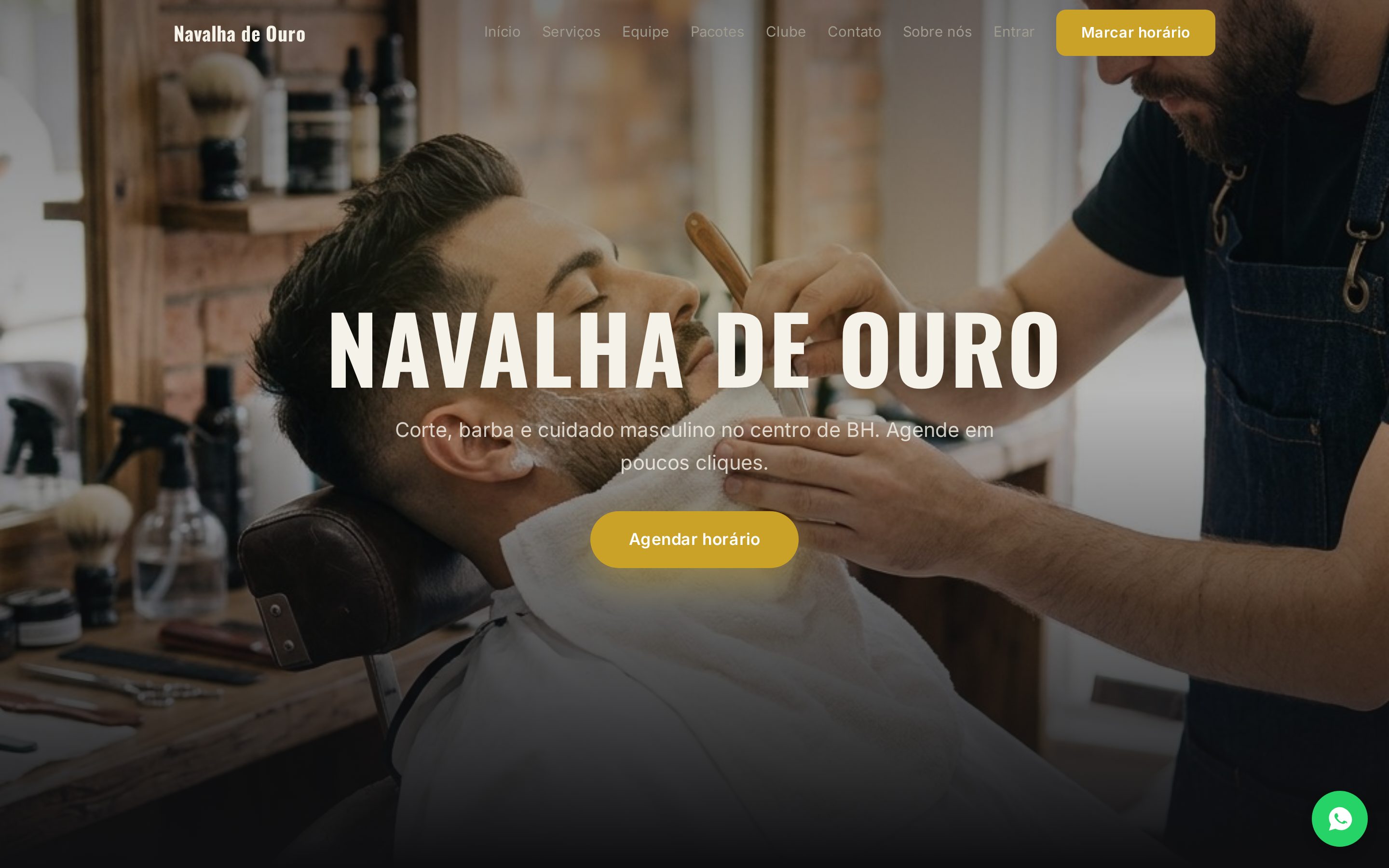 Site publicado da Barbearia Navalha de Ouro no computador, com capa em tela cheia, menu e botão Marcar horário