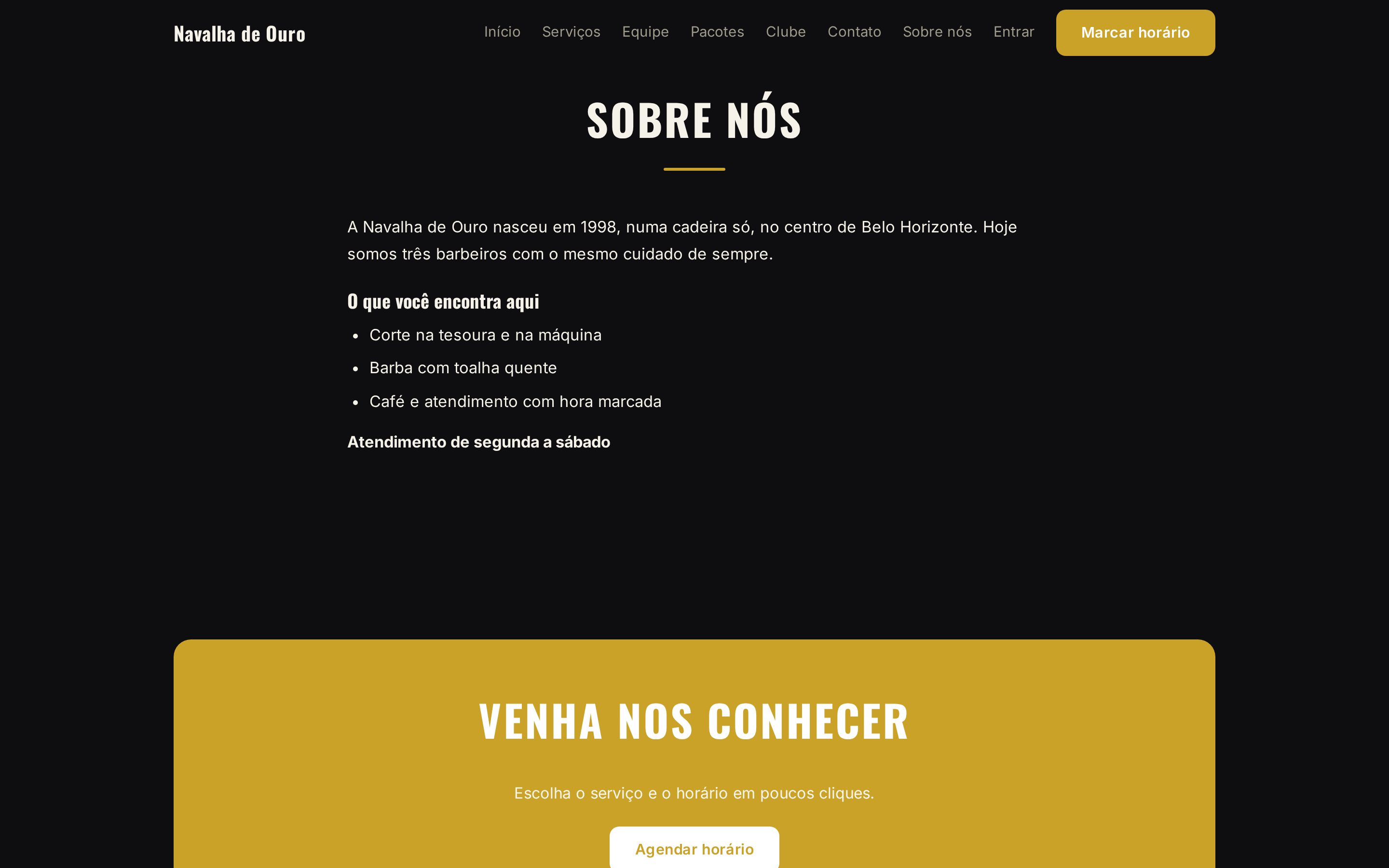 Página Sobre nós publicada com o texto, a lista e a chamada Venha nos conhecer