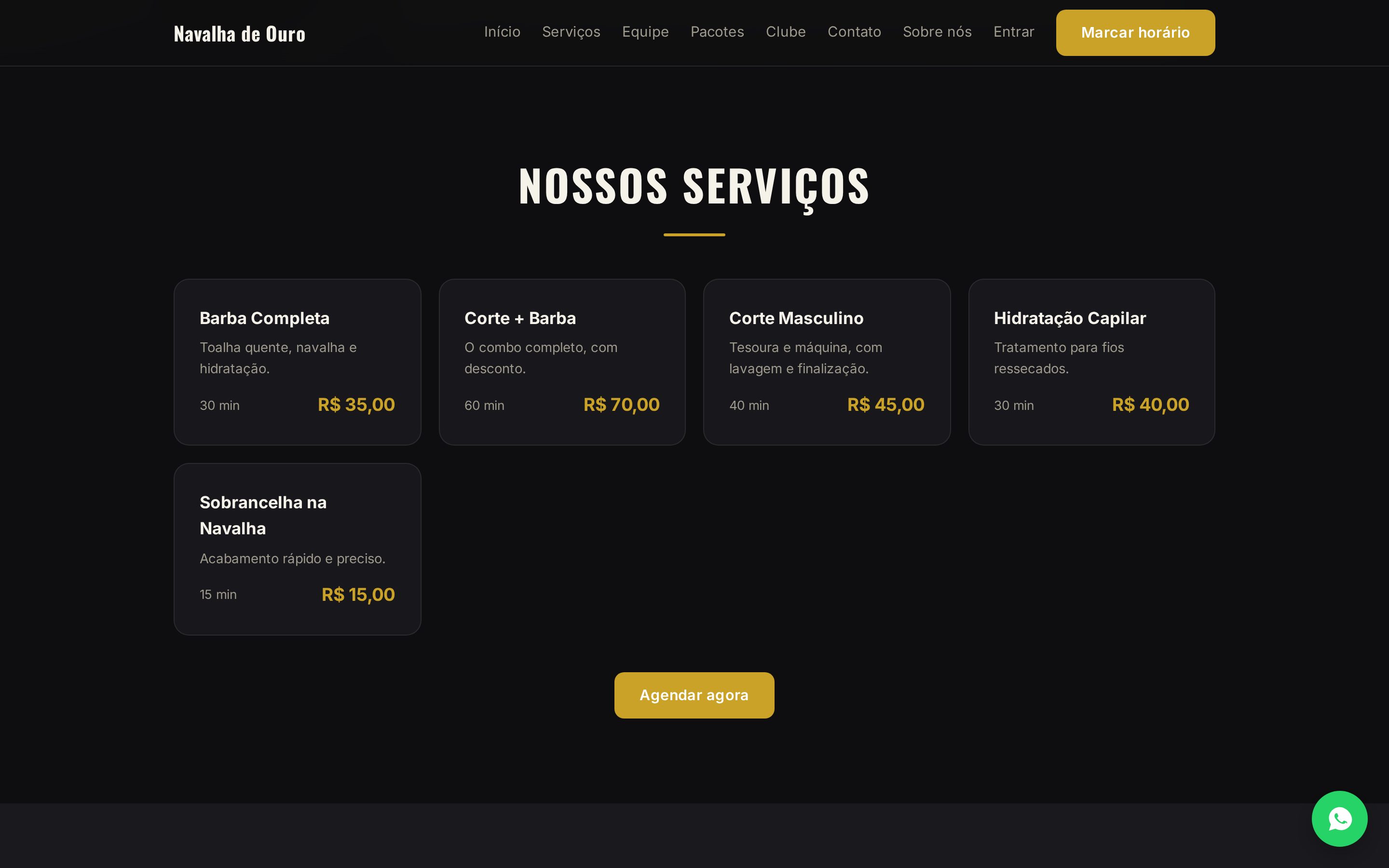 Seção Nossos serviços do site publicado com cinco serviços, duração e preço e o botão Agendar agora
