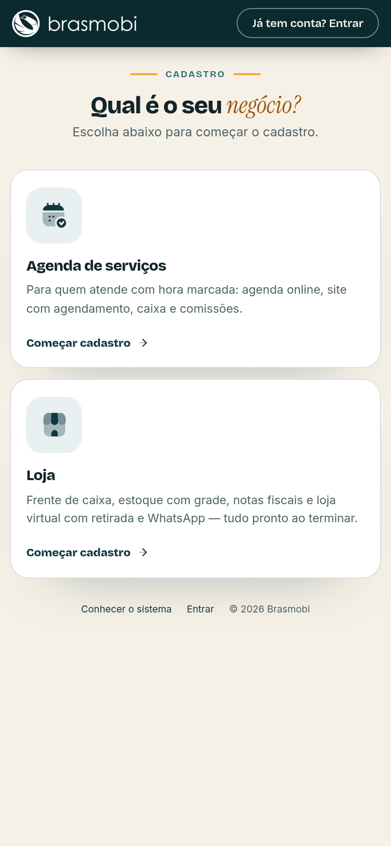 Escolha do segmento: Barbearia ou Loja no celular