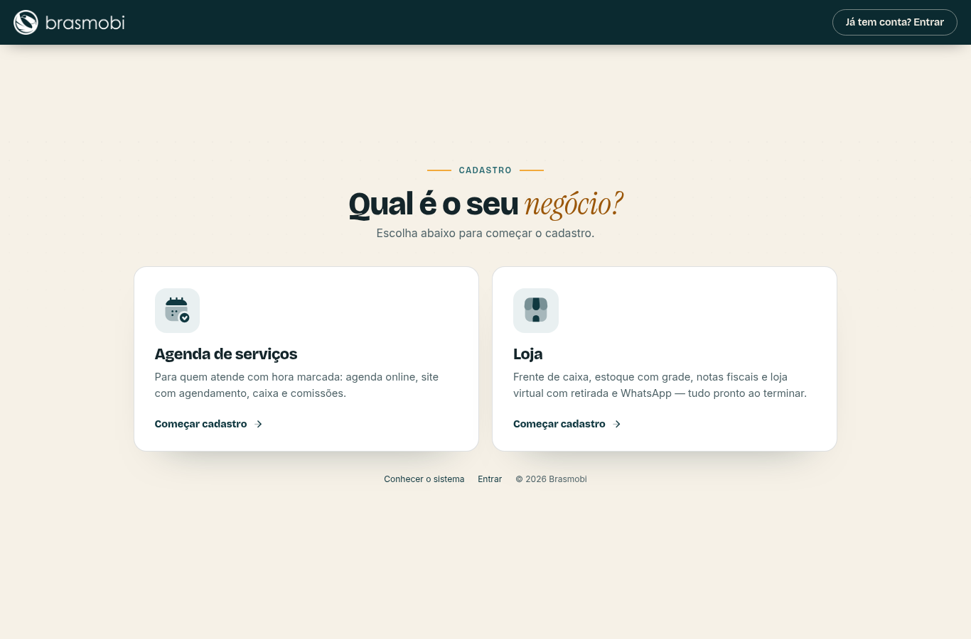 Escolha do segmento: Barbearia ou Loja