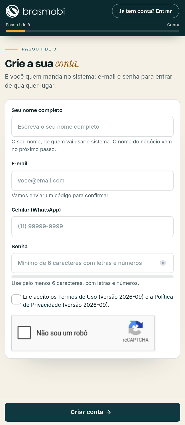 Passo 1, Conta no celular