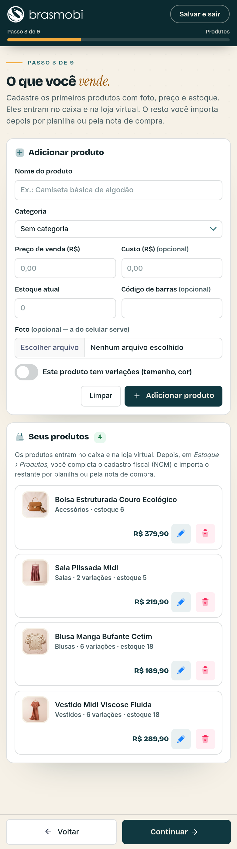 Lista de produtos cadastrados no celular