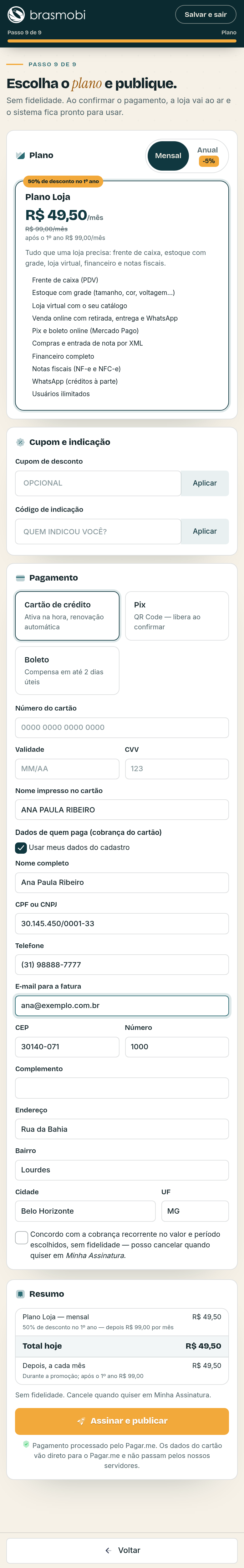 Passo 9, Plano e pagamento no celular