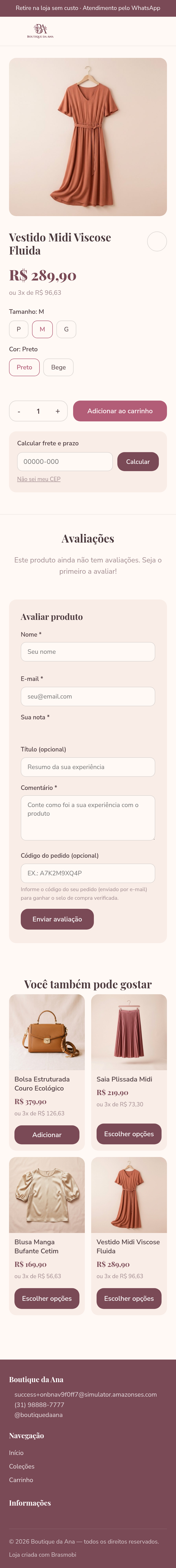 Página do produto com seleção de tamanho e cor no celular