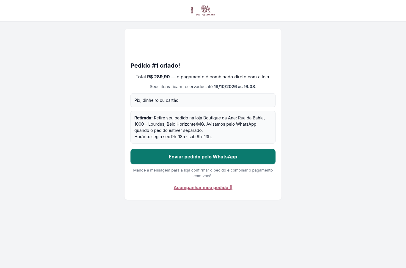 Pedido criado com o botão do WhatsApp
