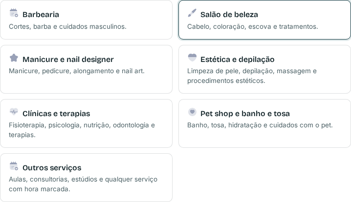 Passo 2: escolha do tipo de negócio, com Salão de beleza marcado