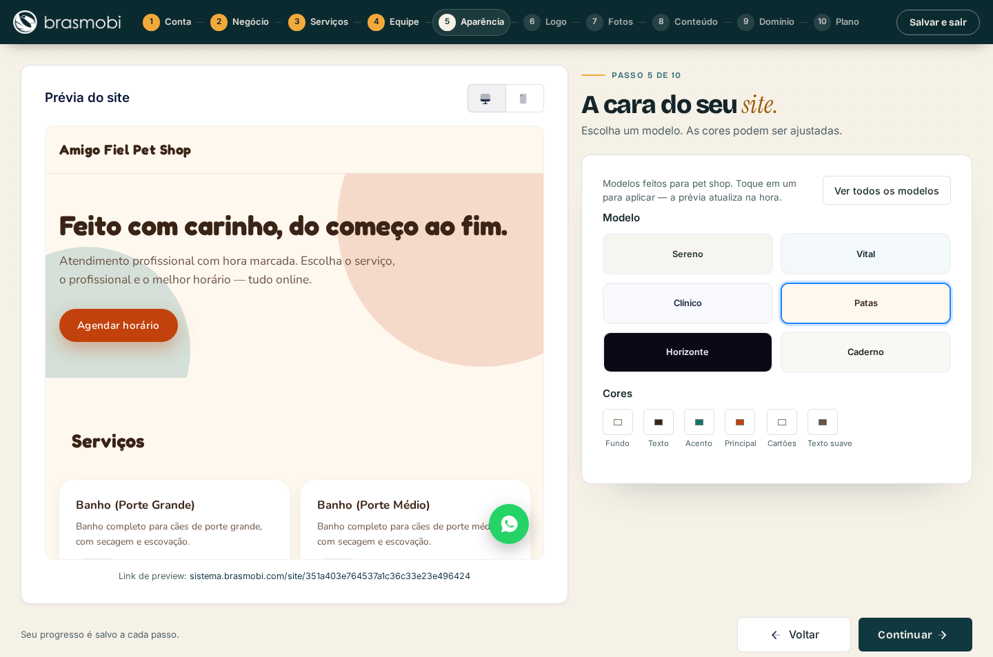 Passo 5 de um pet shop: modelos de site neutros Sereno, Vital, Clínico, Patas, Horizonte e Caderno